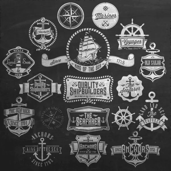 Ensemble d'insignes et d'étiquettes nautiques rétro vintage sur tableau — Photo