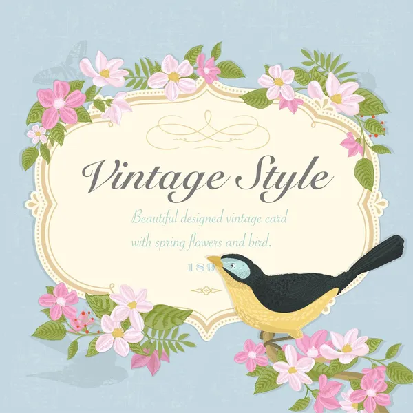 Beautiful Vintage Card With Bird And Spring Flowers — Stock fotografie