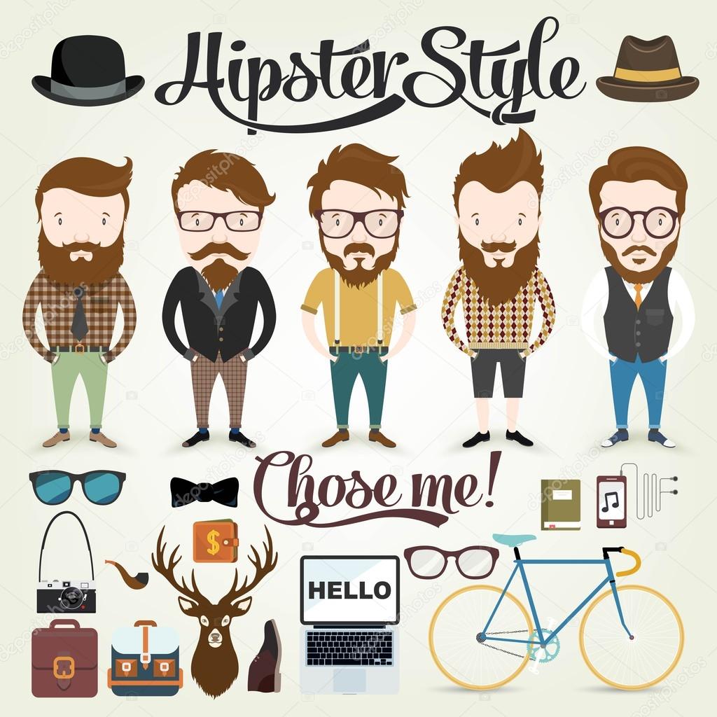 Hipster character illustration in info graphic concept background with hipster elements and icons