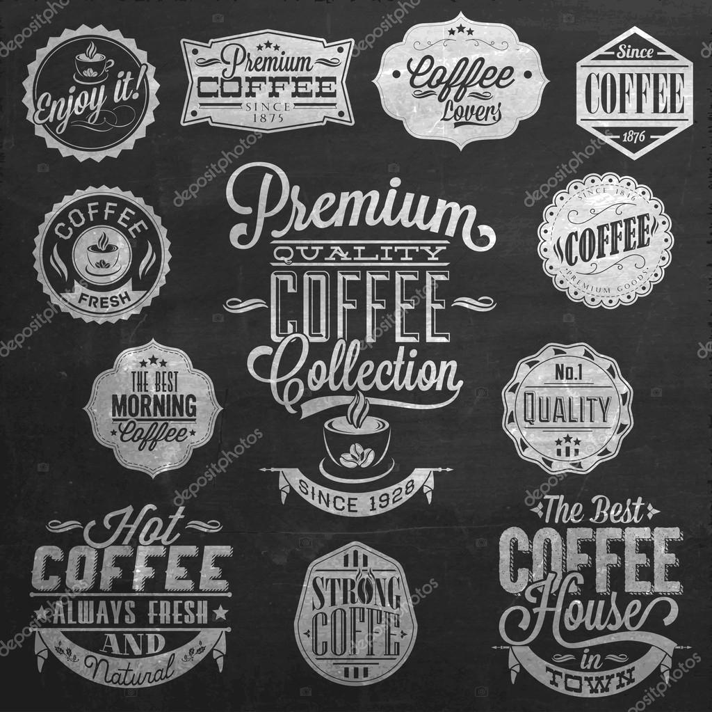 Set Of Vintage Retro Coffee Labels On Chalkboard