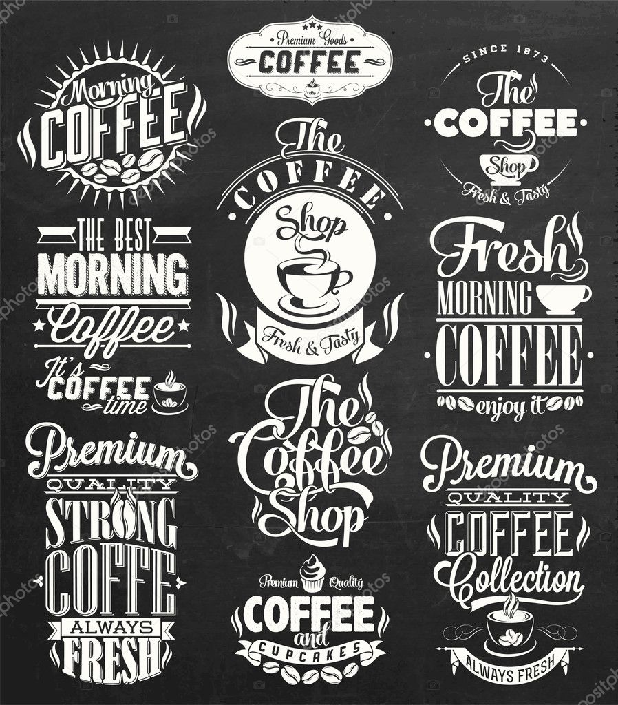 Set Of Vintage Retro Coffee Labels On Chalkboard