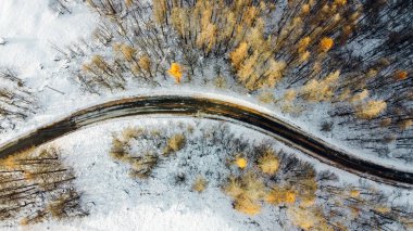 Kış ormanlarındaki ağaçların arasındaki dar kıvrımlı dağ yolunun havadan yüksek açılı görüntüsü. Karlı manzara, kuş bakışı manzara.
