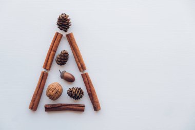 Çam kozalaklarından, tarçınlı çubuklardan, cevizlerden ve beyaz ahşap arka planda meşe palamudundan yapılmış güzel bir Noel ağacı. Uzayı metin için kopyala. Yaratıcı düz yatak. Sıfır atık tatil konsepti.