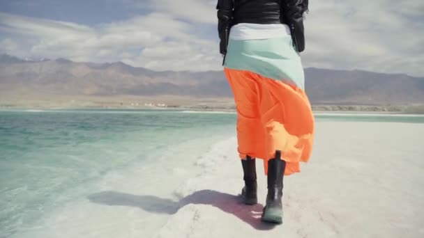 Вид Ззаду Азіатської Жінки Йде Пляж Солоного Озера — стокове відео