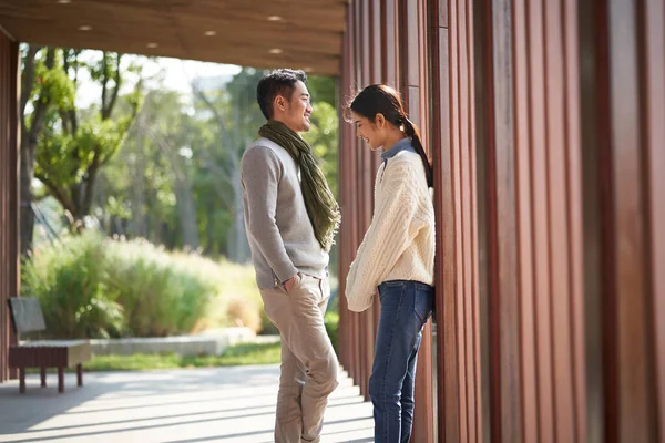 Dating Young Asian Couple Talking Chatting Outdoors City Park — Stock Photo, Image
