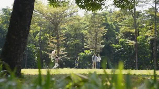 Zwei Asiatische Kinder Spielen Mit Kind Freien Park Während Eltern — Stockvideo