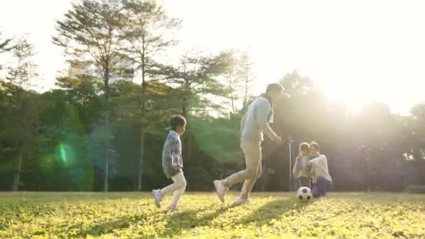 Asiático Padre Jugando Fútbol Con Hijo Aire Libre Parque — Vídeo de stock