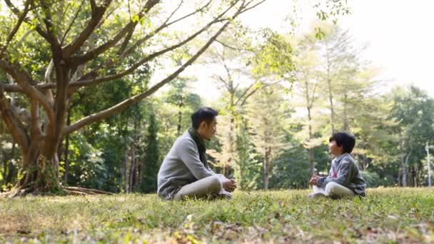 公園でアジア系の父親と息子が屋外で会話をしていて — ストック動画