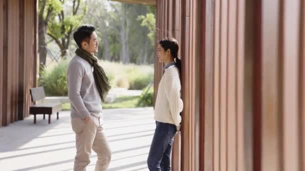 Jovem Asiático Casal Conversando Livre Parque Cidade — Vídeo de Stock