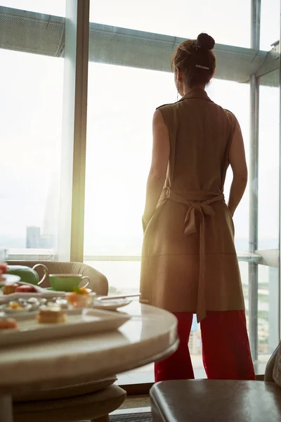 Mature Asian Woman Looking View Window Hotel Room Breakfast Table — Stock Photo, Image
