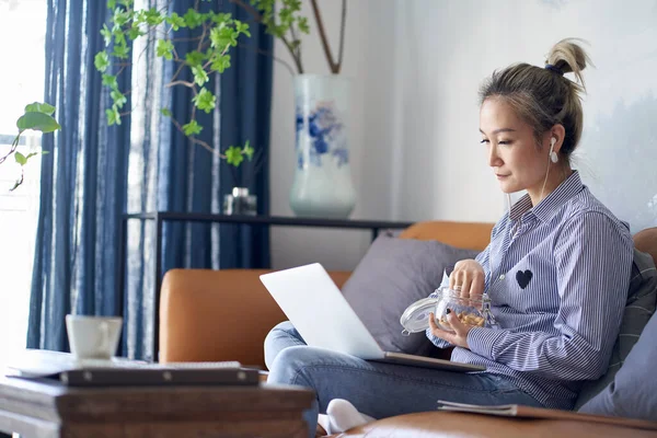 Mature Professional Asian Woman Working Home Using Laptop Computer Side — Fotografia de Stock