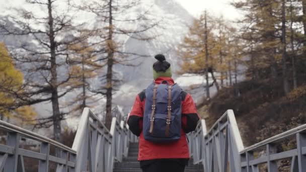 Vrouwelijke Aziatische Toeristische Backpacker Wandelaar Klimmen Berg Xiannairi Yading Nationaal — Stockvideo
