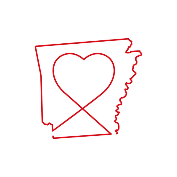Arkansas Usa Stát Červená Obrysová Mapa Ručně Psaným Tvaru Srdce — Stockový vektor
