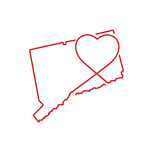 Connecticut Eua Estado Mapa Contorno Vermelho Com Forma Coração Manuscrito — Vetor de Stock