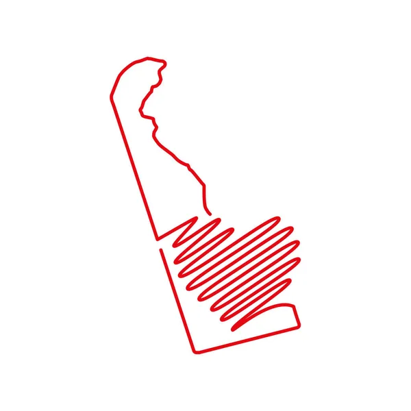 Carte Contour Rouge État Américain Delaware Avec Forme Cœur Manuscrit — Image vectorielle