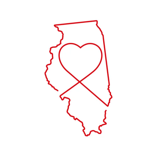 Illinois State Red Outline Map Handwritten Heart Shape Continuous Line — Stock Vector