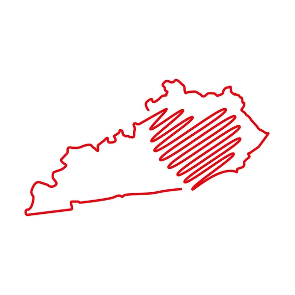 Carte Contour Rouge État Américain Kentucky Avec Forme Cœur Manuscrit — Image vectorielle