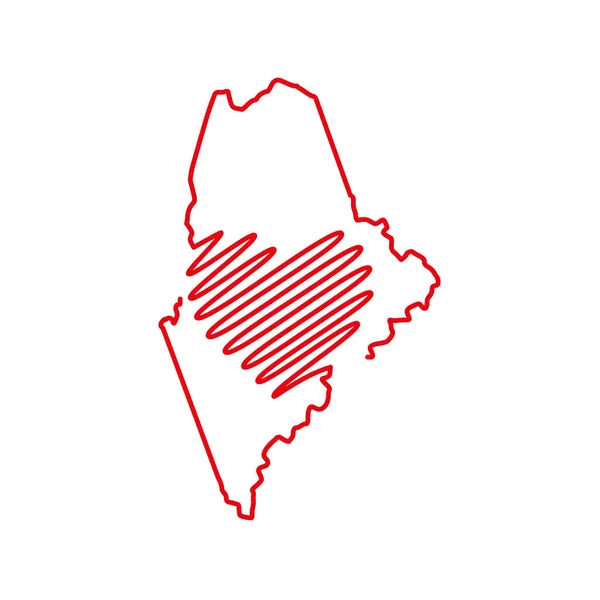 Maine Delstat Röd Kontur Karta Med Den Handskrivna Hjärtformen Kontinuerlig — Stock vektor