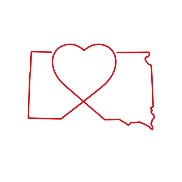 South Dakota Amerikaanse Staat Rode Omtrek Kaart Met Handgeschreven Hartvorm — Stockvector