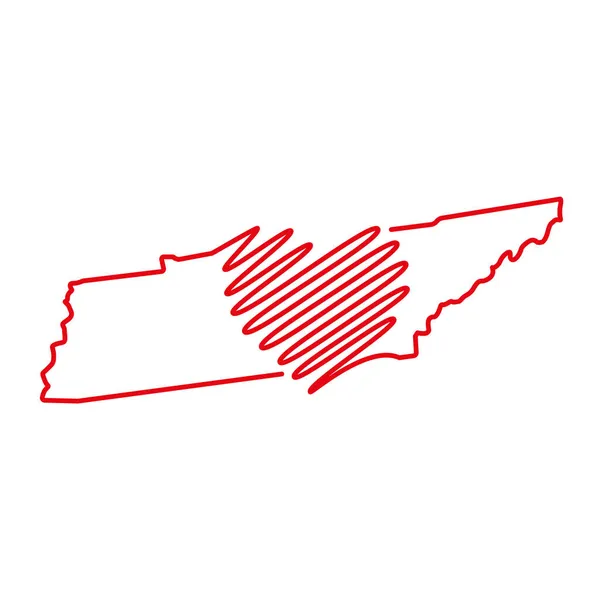 Tennessee Stati Uniti Mappa Contorno Rosso Con Forma Del Cuore — Vettoriale Stock