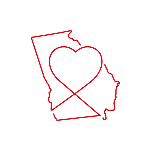 Georgia State Red Outline Map Handwritten Heart Shape Continuous Line — Stock Vector