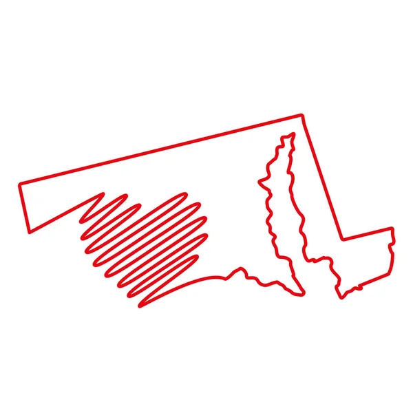 Maryland ΗΠΑ κατάσταση κόκκινο χάρτη περίγραμμα με το χειρόγραφο σχήμα της καρδιάς. Εικονογράφηση διανύσματος — Διανυσματικό Αρχείο