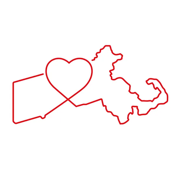 Massachusetts, ABD eyaletinin el yazısıyla yazılmış kalp şeklindeki kırmızı hat haritası. Vektör illüstrasyonu — Stok Vektör