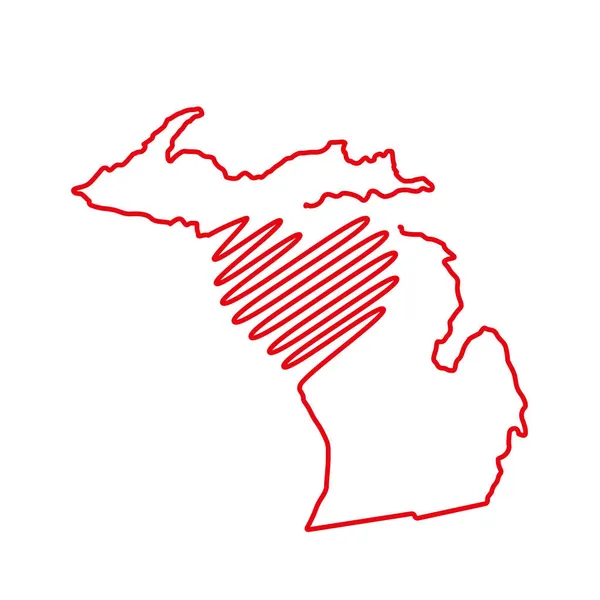 Michigan Stati Uniti mappa contorno rosso con la forma del cuore scritto a mano. Illustrazione vettoriale — Vettoriale Stock