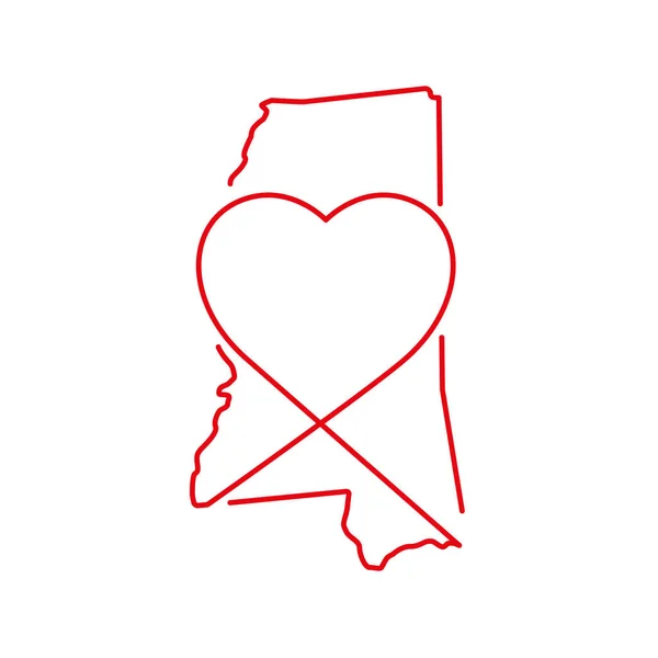 Mississippi US state red outline map with the handwritten heart shape. Vector illustration — Stock Vector