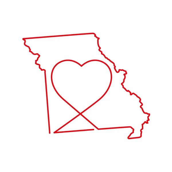 Missouri Eyaleti kırmızı hat haritası, el yazısıyla yazılmış kalp şeklinde. Vektör illüstrasyonu — Stok Vektör