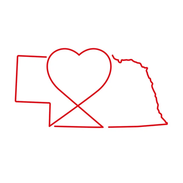 Carte de contour rouge de l'état américain du Nebraska avec la forme du cœur manuscrit. Illustration vectorielle — Image vectorielle