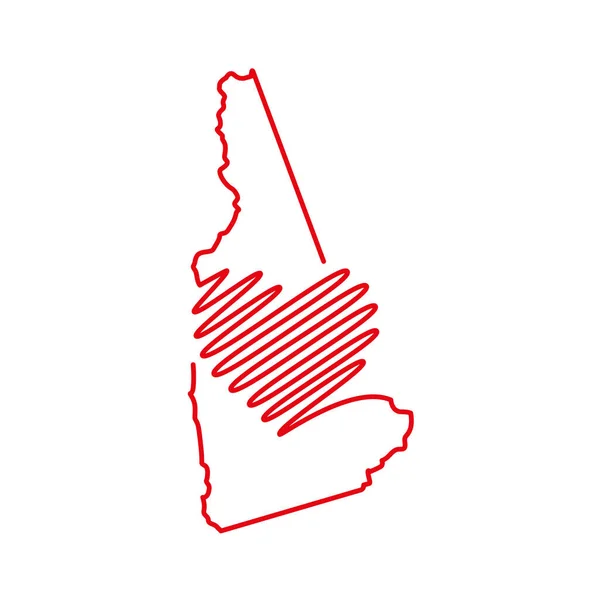 New Hampshire USA delstat röd kontur karta med den handskrivna hjärtformen. Vektorillustration — Stock vektor