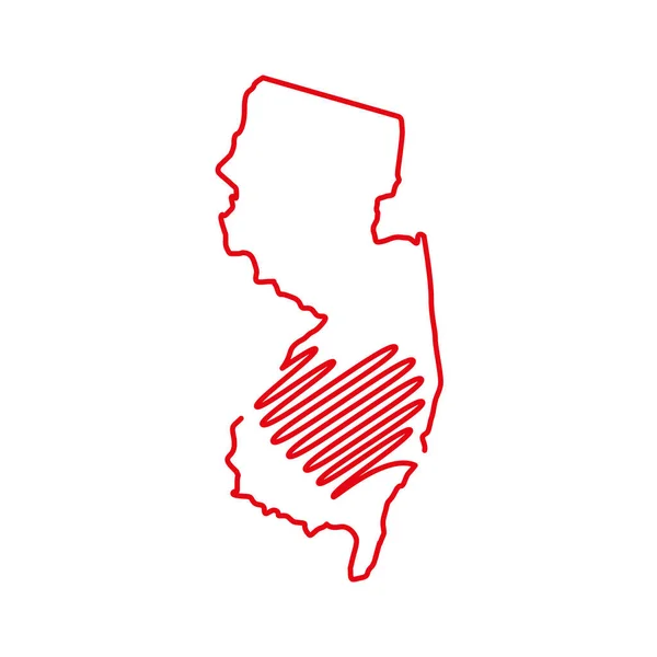 New Jersey Stati Uniti mappa contorno rosso con la forma del cuore scritto a mano. Illustrazione vettoriale — Vettoriale Stock