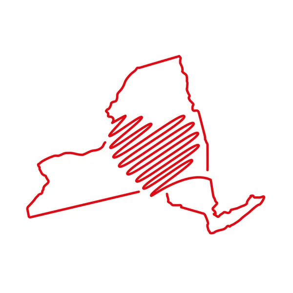 New York US delstat röd kontur karta med den handskrivna hjärtformen. Vektorillustration — Stock vektor