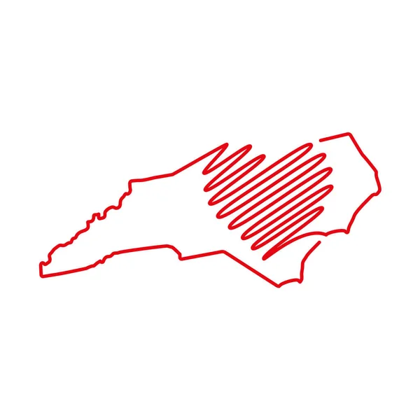 North Carolina US delstat röd kontur karta med den handskrivna hjärtformen. Vektorillustration — Stock vektor