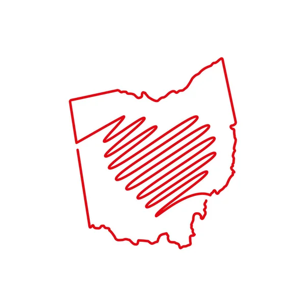 Ohio US delstat röd kontur karta med den handskrivna hjärtformen. Vektorillustration — Stock vektor
