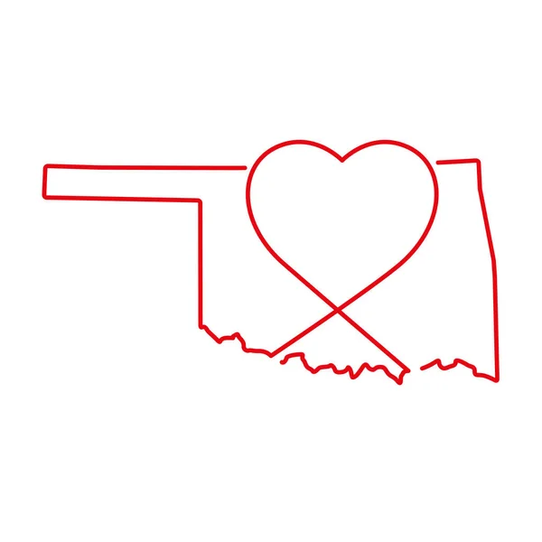 Oklahoma Amerikaanse staat rode omtrek kaart met de handgeschreven hartvorm. Vectorillustratie — Stockvector