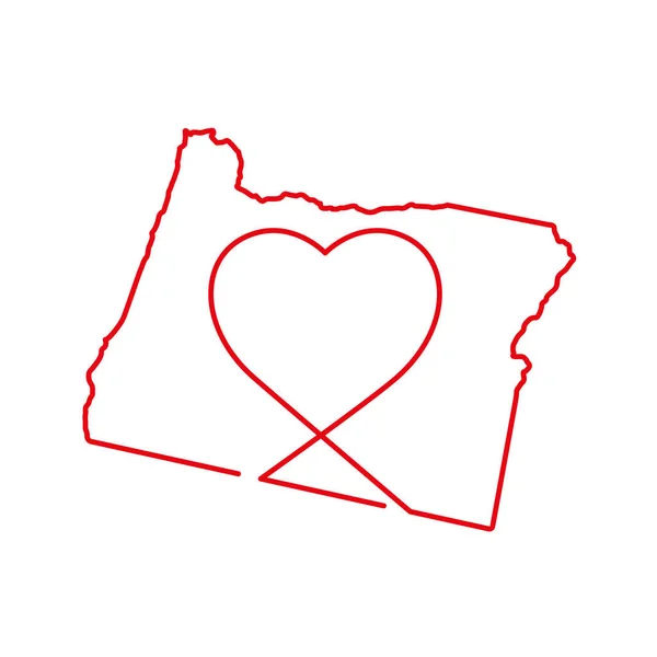 Oregon Amerikaanse staat rode omtrek kaart met de handgeschreven hartvorm. Vectorillustratie — Stockvector