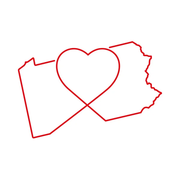 Pensylvánie Americká státní červená obrysová mapa s ručně psaným tvarem srdce. Vektorová ilustrace — Stockový vektor