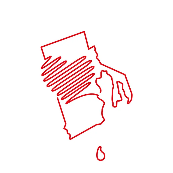 Carte de contour rouge de Rhode Island aux États-Unis avec la forme du cœur manuscrit. Illustration vectorielle — Image vectorielle