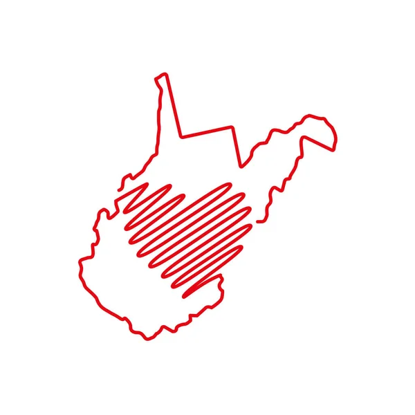Carte de contour rouge de l'État de Virginie-Occidentale avec la forme du cœur manuscrit. Illustration vectorielle — Image vectorielle