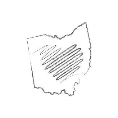 Ohio eyaleti, el yazısıyla yazılmış kalp şeklinde kalem çizimi haritası çizdi. Vektör illüstrasyonu