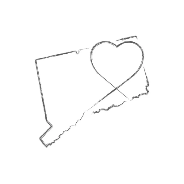 Connecticut Eyaleti, el yazısıyla yazılmış kalp şeklindeki kalem çizimi haritasını çizdi. Vektör illüstrasyonu — Stok Vektör