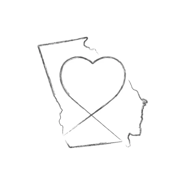 Georgia US state hand drawn pencil sketch outline map with the handwritten heart shape. Vector illustration — Stock Vector