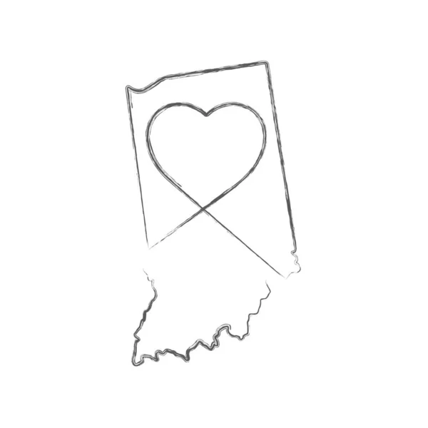 Indiana eyaleti, el yazısıyla yazılmış kalp şeklinde kalem çizimi haritası çizdi. Vektör illüstrasyonu — Stok Vektör
