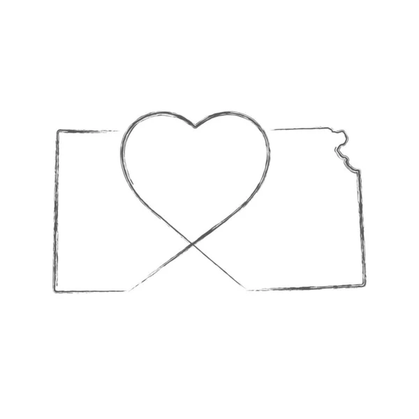 Kansas Stati Uniti disegnato a mano disegno a matita schizzo mappa con la forma del cuore scritto a mano. Illustrazione vettoriale — Vettoriale Stock