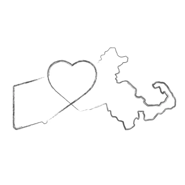 Massachusetts Eyaleti, el yazısıyla yazılmış kalp şeklindeki kalem taslağı haritasını çizdi. Vektör illüstrasyonu — Stok Vektör