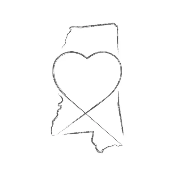 Mississippi Stati Uniti disegnato a mano disegno a matita schizzo mappa con la forma del cuore scritto a mano. Illustrazione vettoriale — Vettoriale Stock