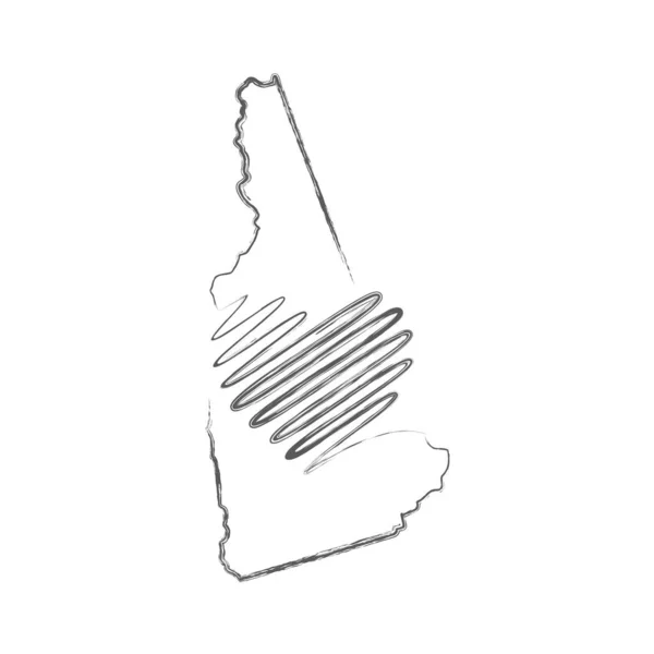 New Hampshire állam kézzel rajzolt ceruza vázlatos térkép a kézzel írt szív alakú. Vektorillusztráció — Stock Vector