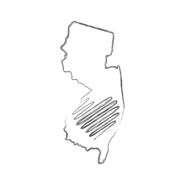 Handgezeichnete Umrisskizze des US-Bundesstaates New Jersey mit der handgeschriebenen Herzform. Vektorillustration — Stockvektor